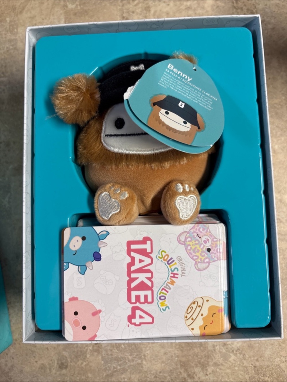 Squishmallows Take 4 Card Game with Pink & Teal Accents Featuring Benny Plush - Picture 2 of 3
